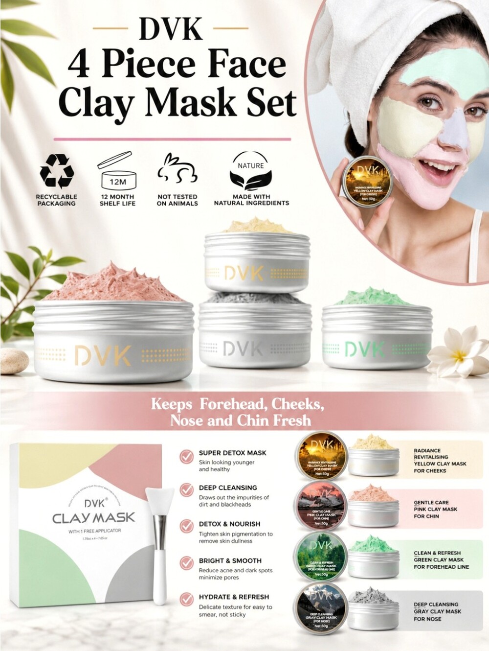DVK 4 Piece Facial Clay Mask Targeted Skincare System Set